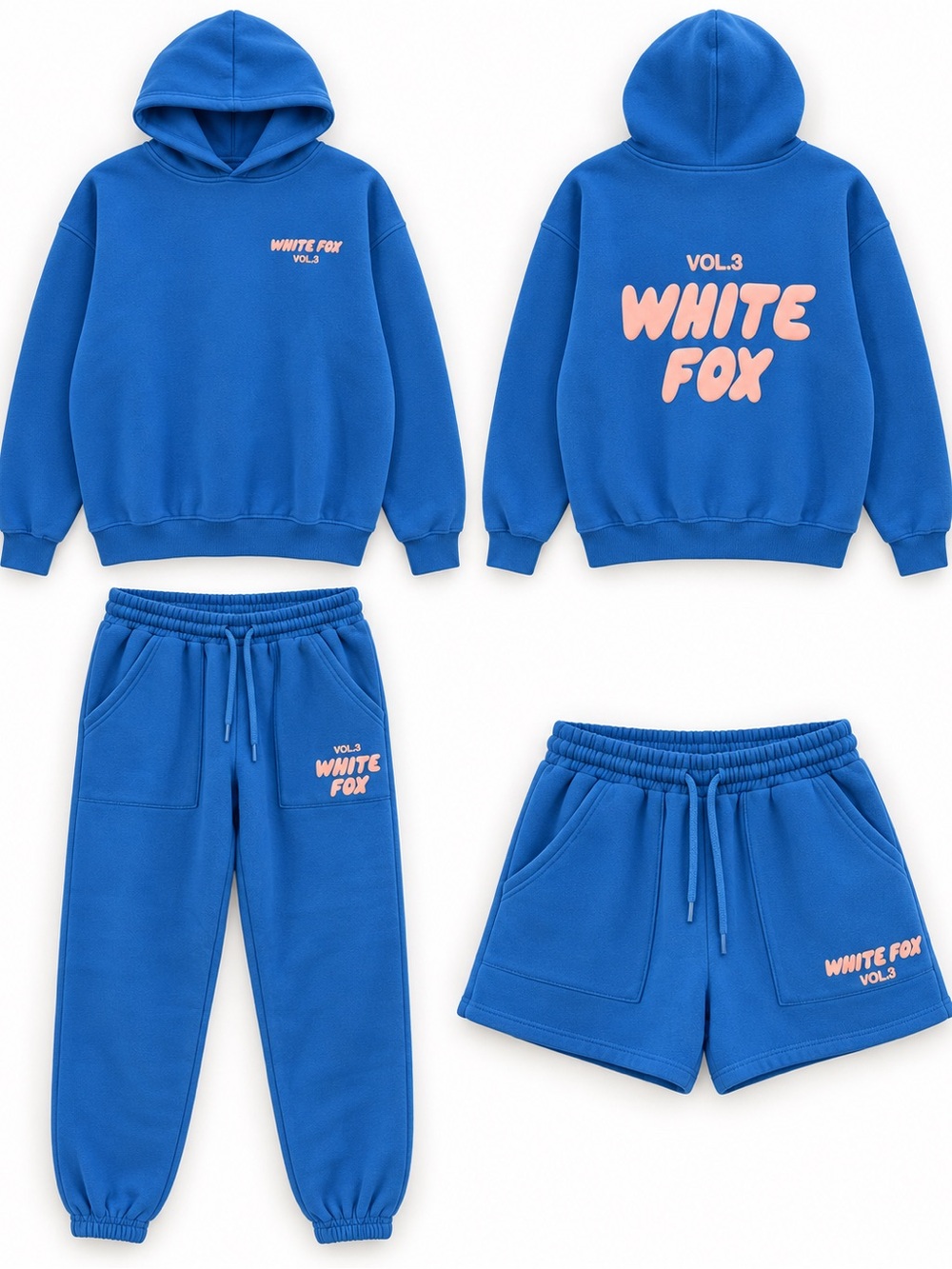 White Fox Vol. 3, Fleece 3-Piece Set in Cobalt Blue with Pink Puff Logo